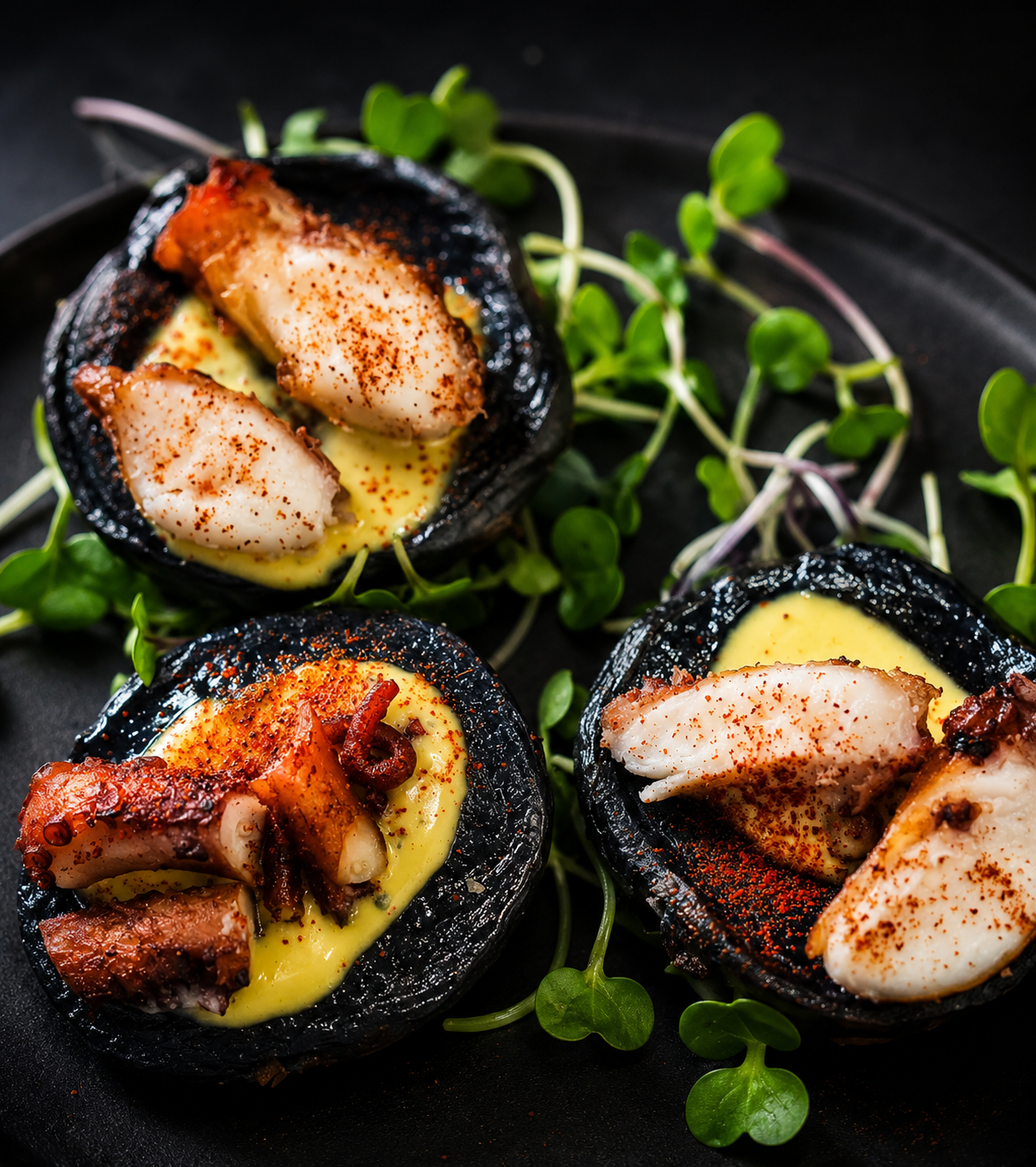 Seared octopus bites served in black shells with saffron sauce and microgreens
